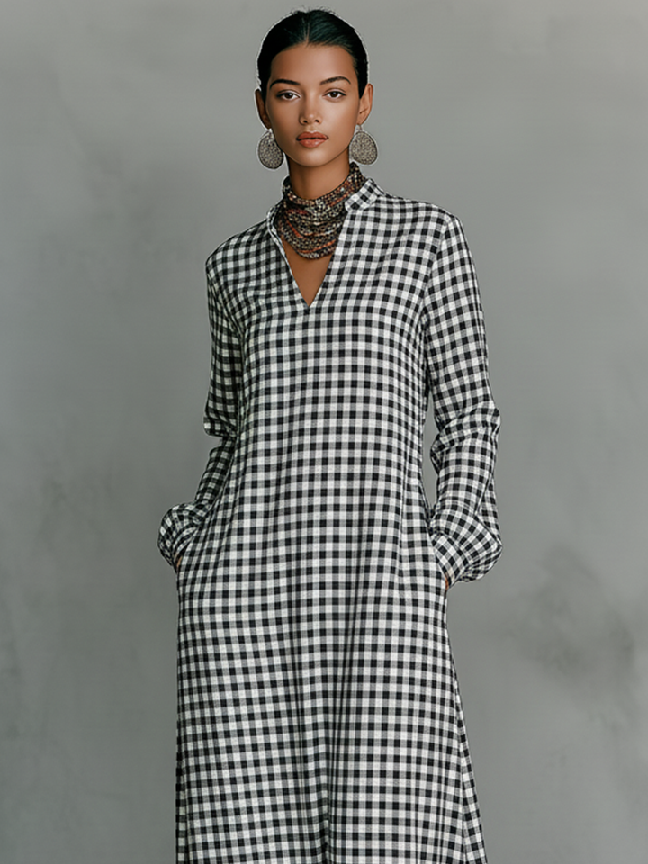 Stylish women's V-neck long sleeve maxi dress featuring a classic gingham check pattern. Perfect for everyday chic.