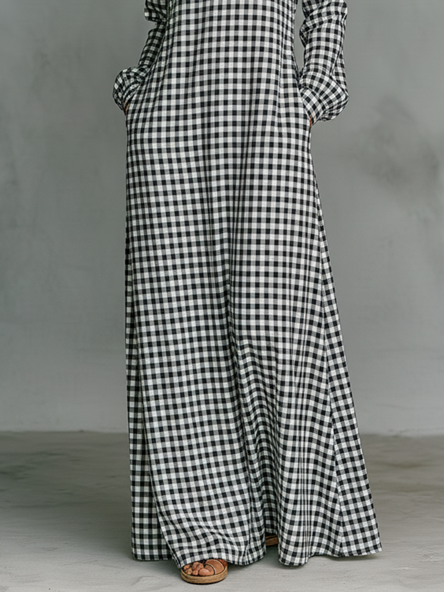 A-line women's gingham check maxi dress with V-neck and long sleeves. Ideal casual dress for spring/summer style.
