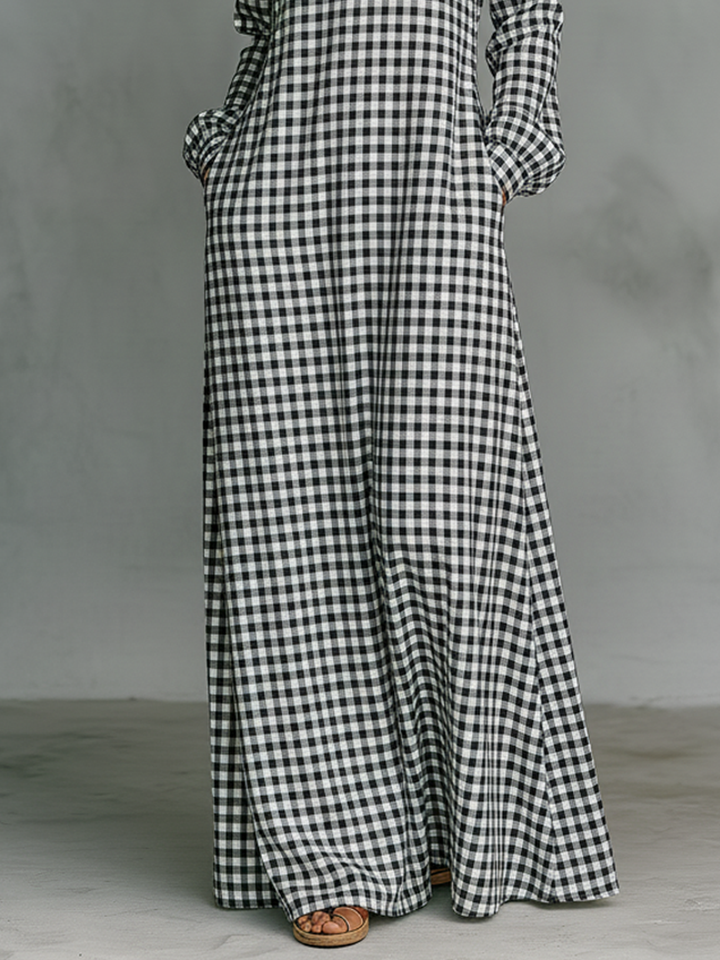 A-line women's gingham check maxi dress with V-neck and long sleeves. Ideal casual dress for spring/summer style.
