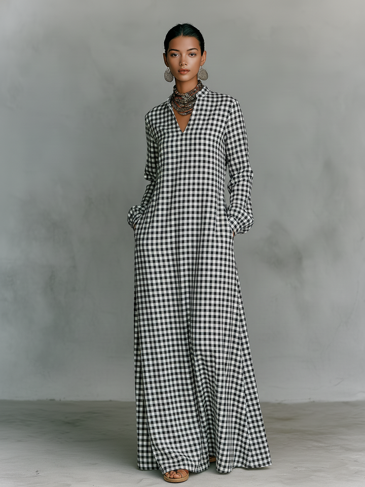 Versatile women's long sleeve V-neck maxi dress in a timeless gingham check. Great for everyday or casual wear.