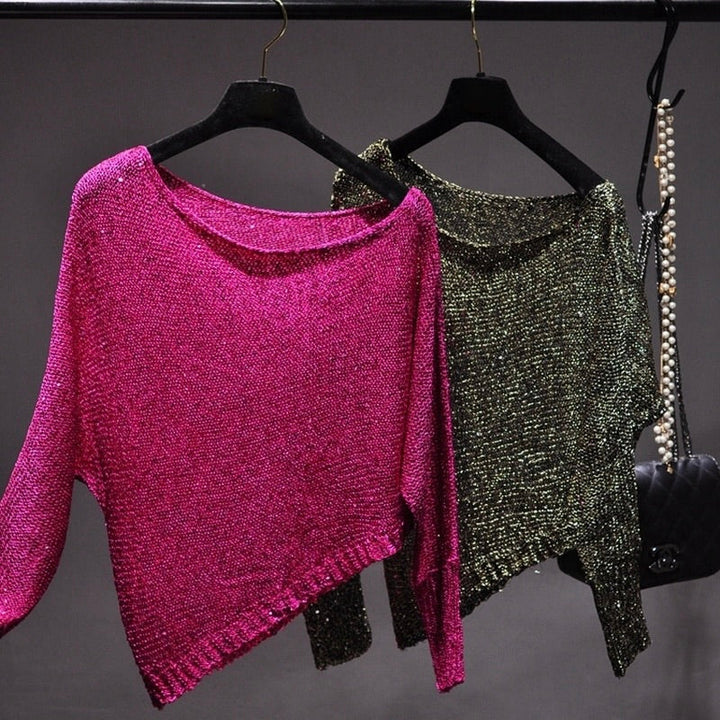 Dazzling women's sequin blouse with an asymmetric cut, ideal for evening wear, parties & glamorous events.