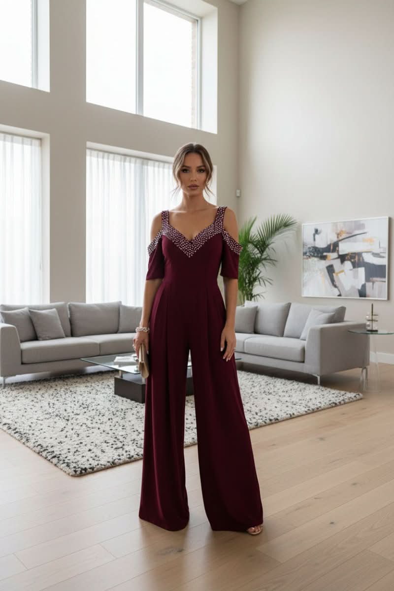 Chic women's rhinestone jumpsuit, an effortless one-piece solution for glamorous evening and party fashion. Stylish.