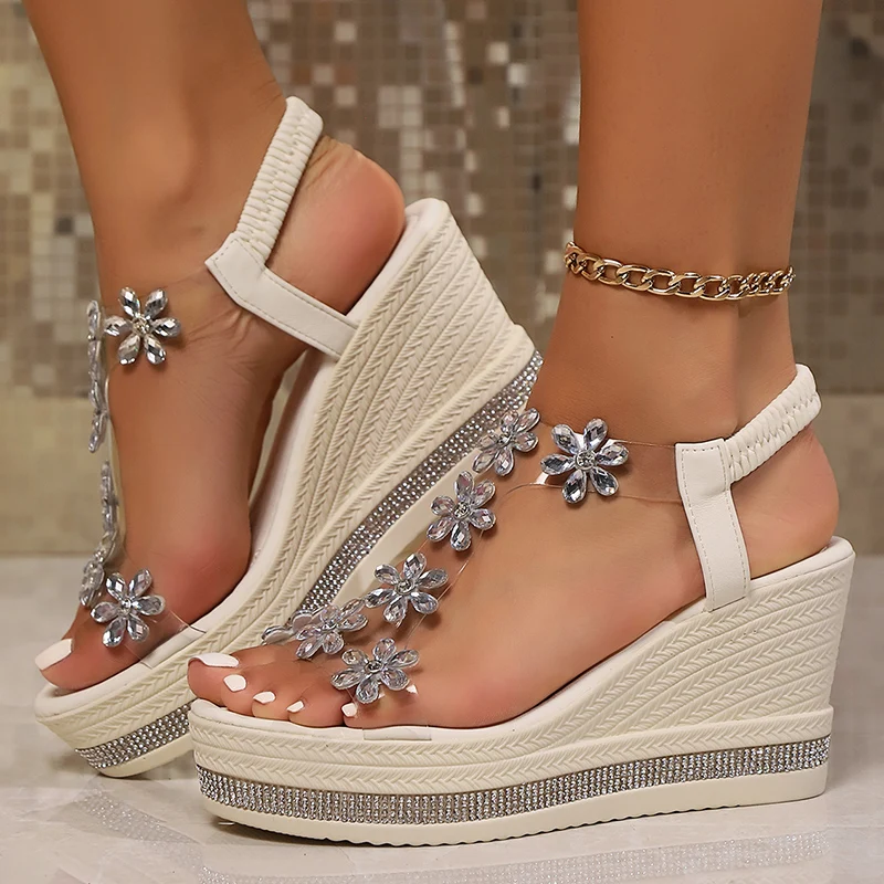 Sparkling rhinestone platform wedge sandals for women's party shoes.