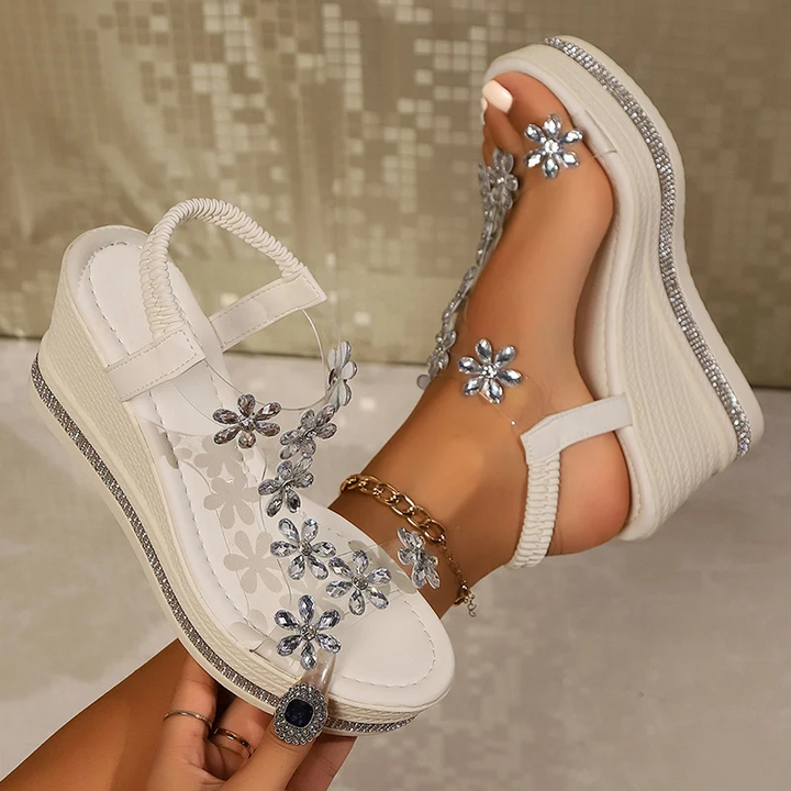 Shimmering crystal platform wedges, ideal dress shoes for special occasions.