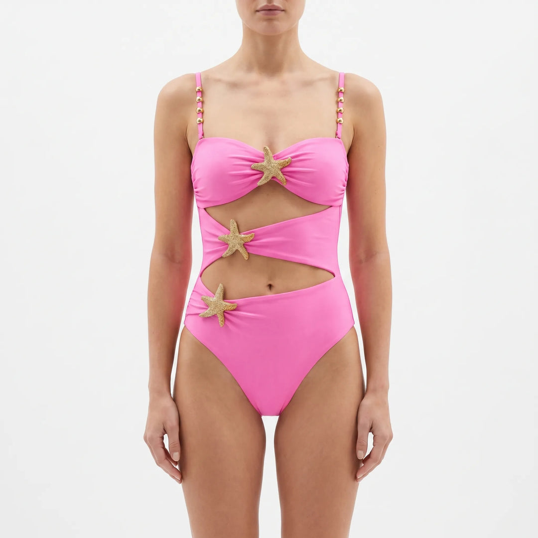 Texture shot of the high-quality fabric on a women's cutout one-piece swimsuit. Durable beachwear.
