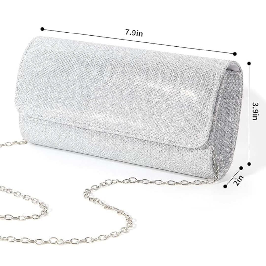 Close-up of Ramona glitter clutch showing shimmering texture, a glamorous evening bag