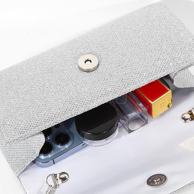 Detailed view of Ramona sparkle clutch, highlighting its dazzling glitter finish and design