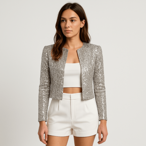 Women's glamorous sequin cropped blazer jacket, perfect for evening wear and special occasions.