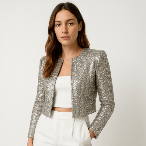 Chic gold sequin cropped blazer for women, tailored for a glamorous party outfit or evening event.
