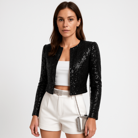 Elegant black sequin cropped blazer jacket, ideal women's evening wear for parties & special occasions.