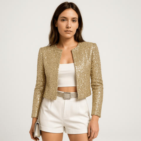 Tailored women's sequin cropped jacket, a glamorous blazer for evening, parties, or chic special occasions.