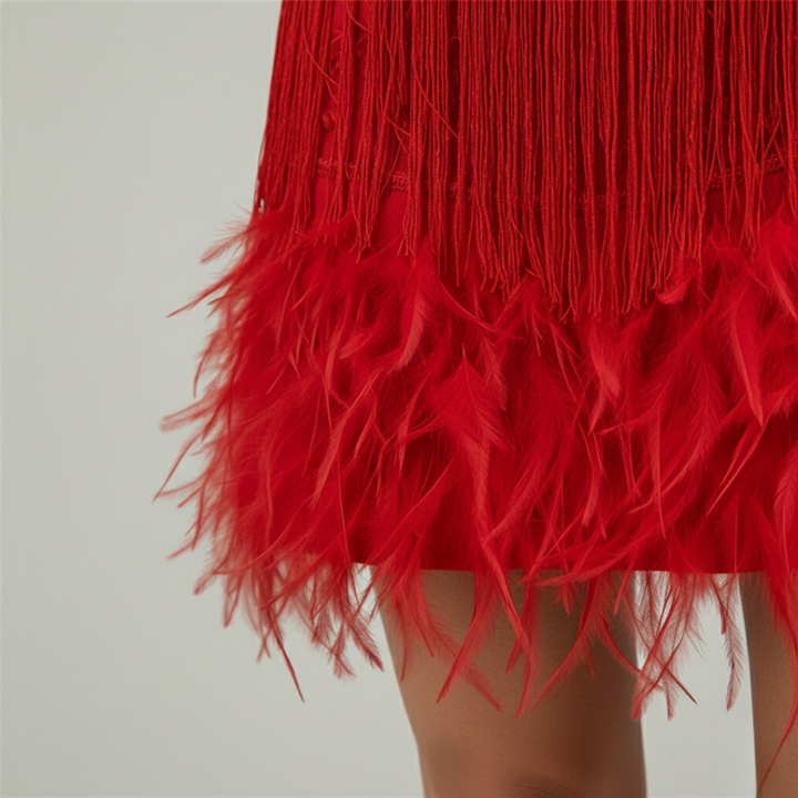Shimmering women's sequin & fringe mini cocktail dress, a glamorous sleeveless party outfit for evening.