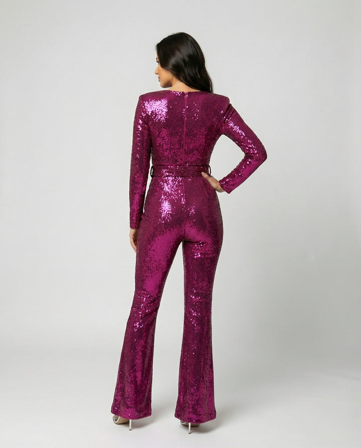 Glamorous women's sequin jumpsuit with long sleeves, ideal for special occasions & evening wear.