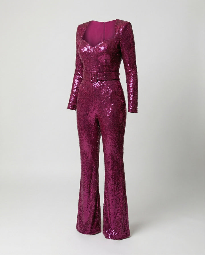 Elegant long-sleeve sequin jumpsuit for women, a glamorous shimmering party outfit or formal wear.