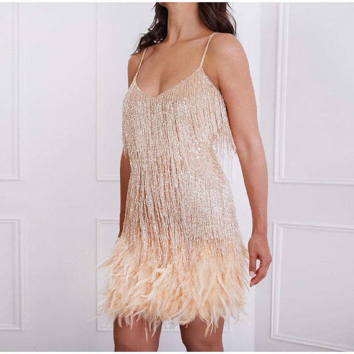 Elegant women's short sequin dance dress, spaghetti strap design with luxurious feather hem.