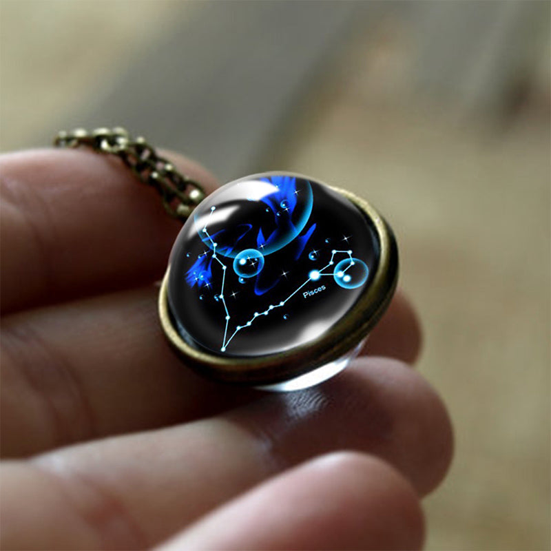 Clear glass zodiac sign protection pendant for women. Celestial amulet with horoscope charm.