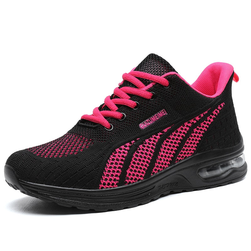 Profile of GlideMotion Run women's running shoes, highlighting advanced cushioned heel for shock absorption & support.