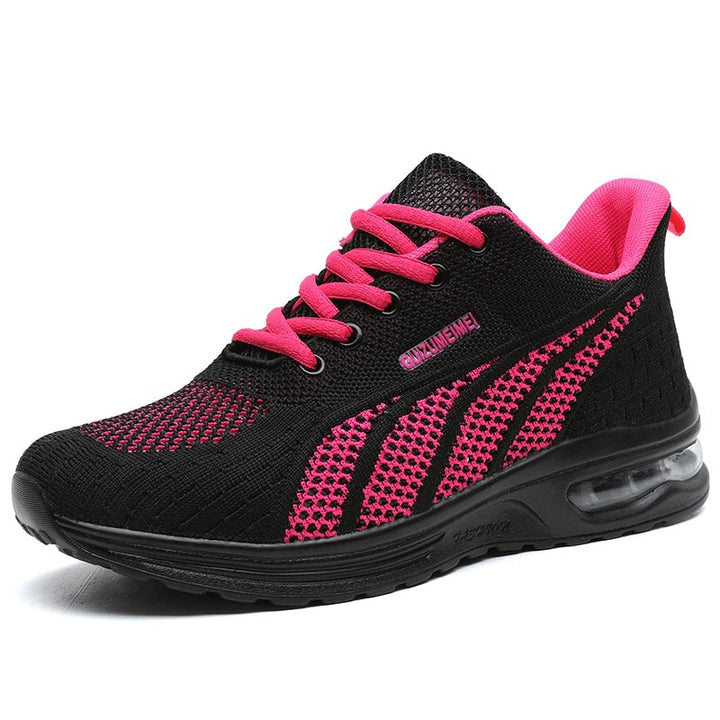 Profile of GlideMotion Run women's running shoes, highlighting advanced cushioned heel for shock absorption & support.