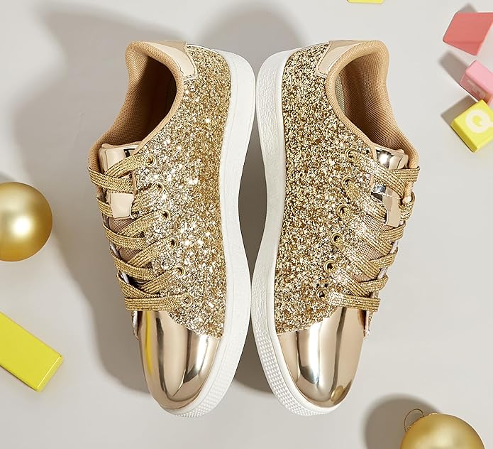 Women's glitter lace-up fashion sneakers, side view, sparkly trendy casual footwear