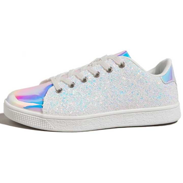 Sparkly green glitter women's sneakers with white laces, fashion casual footwear