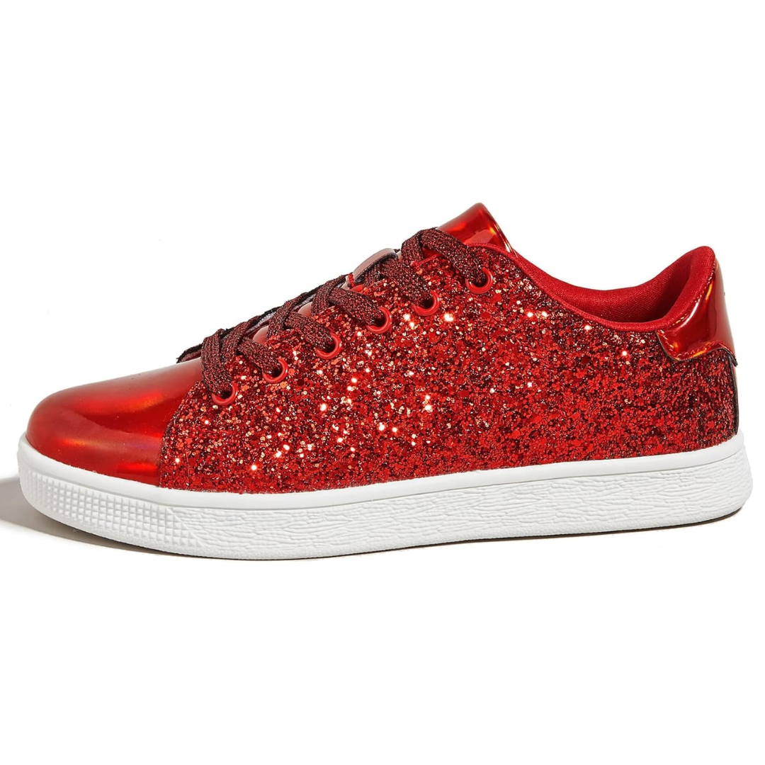 Women's red glitter lace-up sneakers, bold fashion statement casual footwear