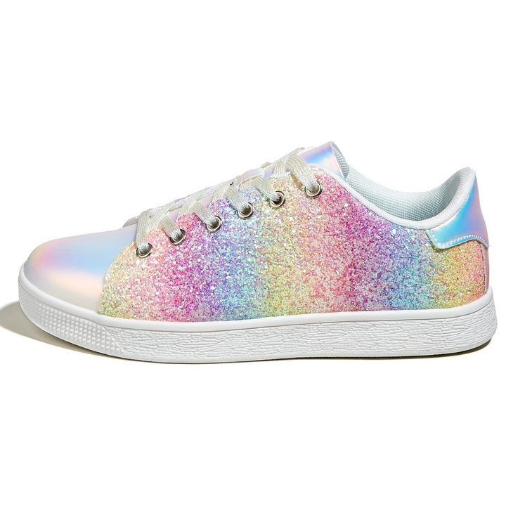 Fashionable women's glitter lace-up sneakers, studio shot, comfort flats