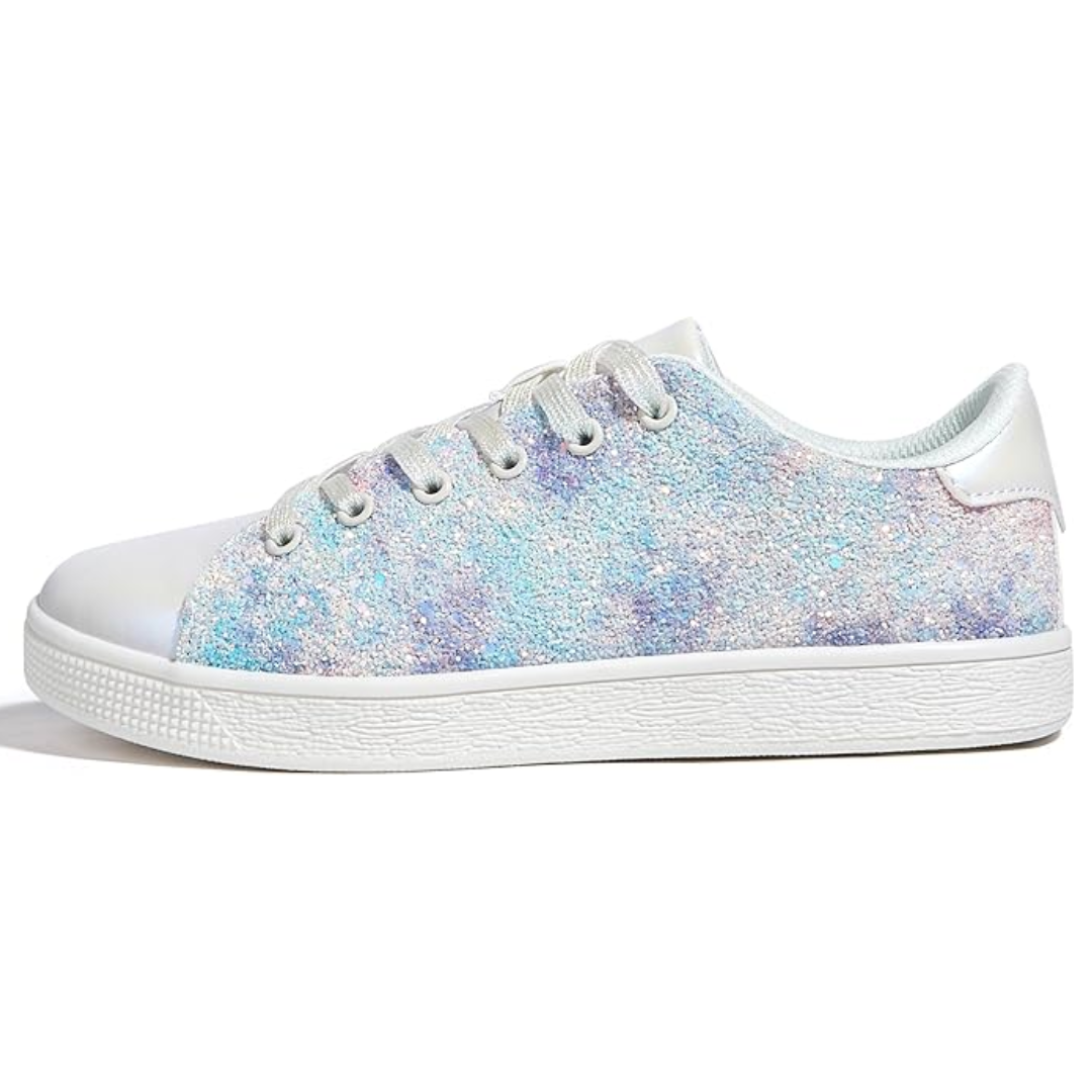 Women's multi-color glitter lace-up sneakers, unique trendy casual shoes