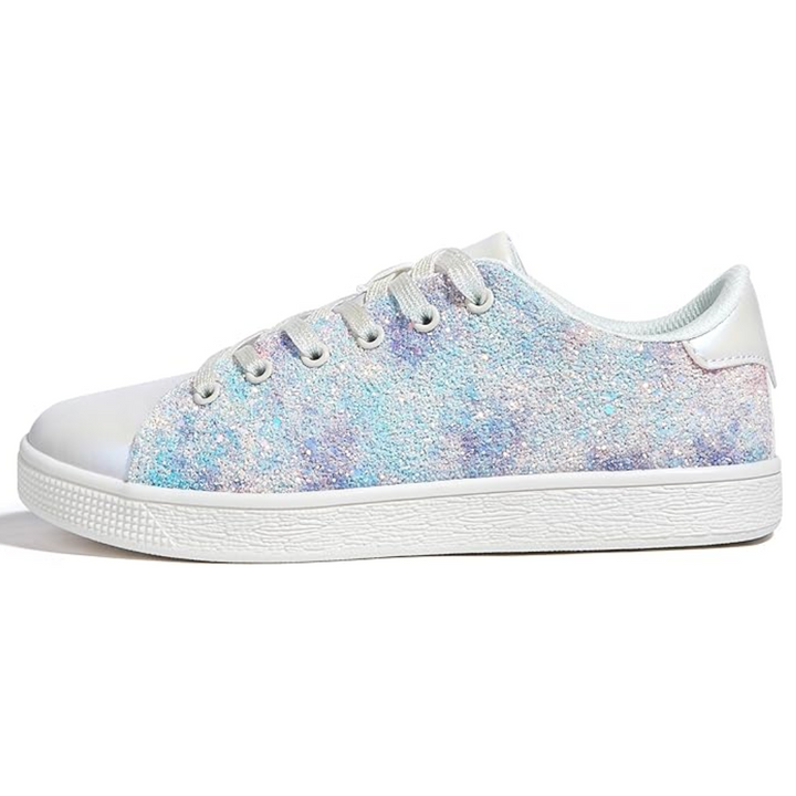 Women's multi-color glitter lace-up sneakers, unique trendy casual shoes