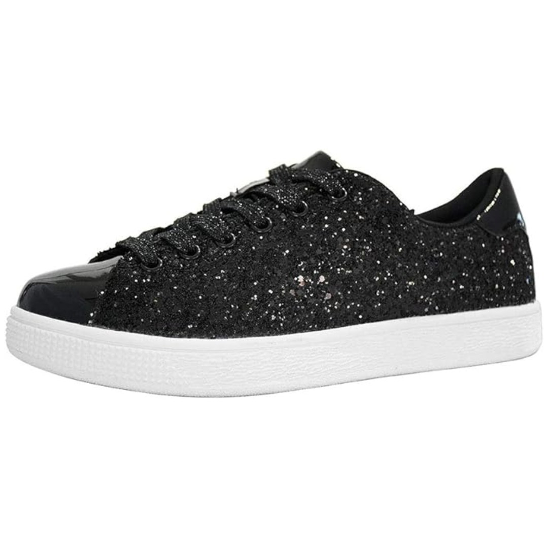 Close-up of secure lace-up closure on women's glitter fashion sneakers