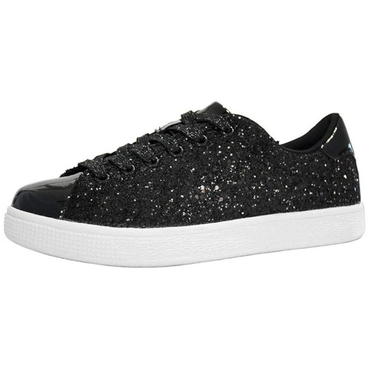 Close-up of secure lace-up closure on women's glitter fashion sneakers