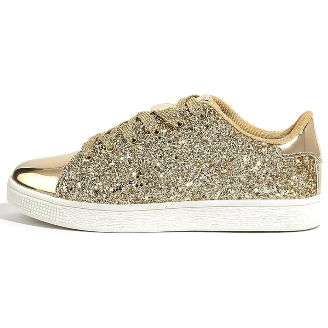 Women's glitter sneakers from above, showcasing sparkly design, versatile flats