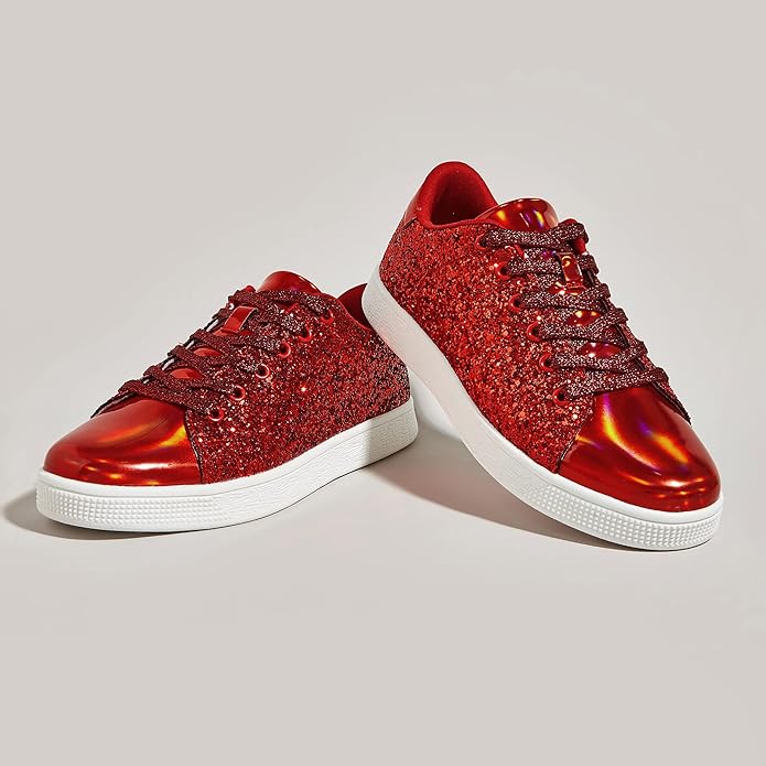 Close-up of pink glitter lace-up sneakers for women, fashion casual shoes flats