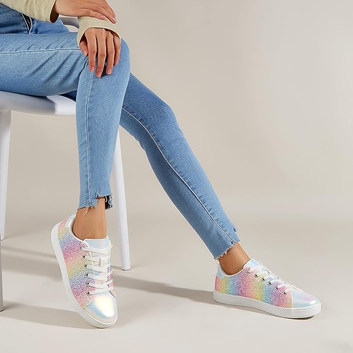 Women's gold glitter lace-up fashion sneakers, top view, comfortable casual flats