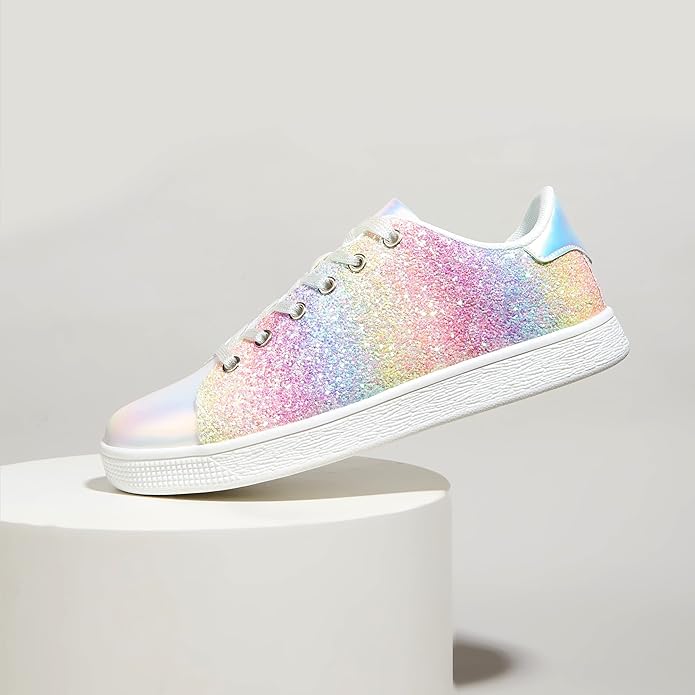 Sparkling black glitter women's sneakers, lace-up design, versatile fashion footwear
