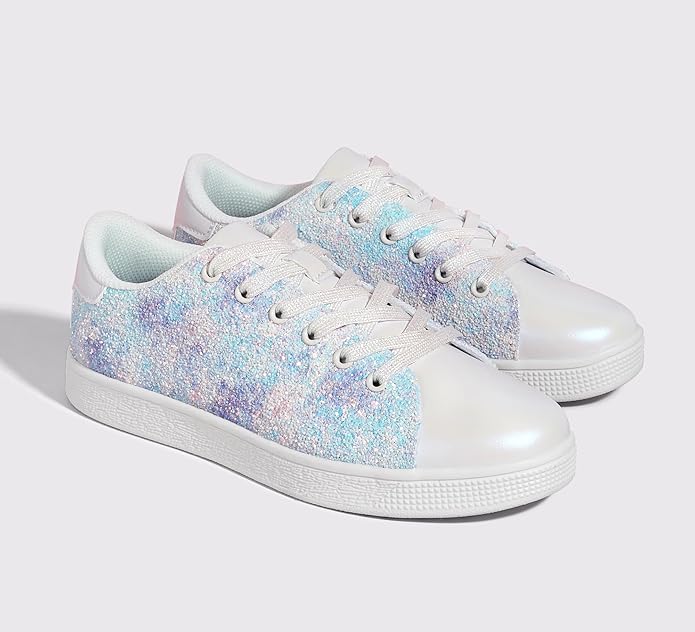 Side profile of women's blue glitter lace-up fashion sneakers, casual sporty chic