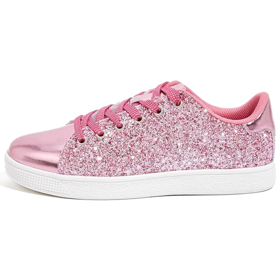 Close-up of the sole of women's glitter lace-up sneakers, durable fashion flats