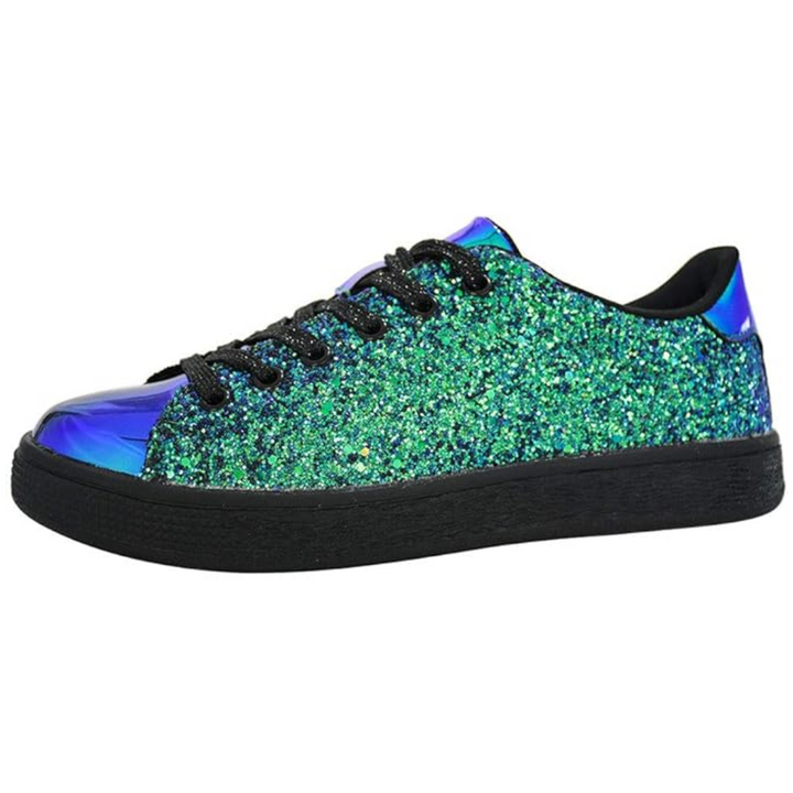 Front view of women's glitter lace-up sneakers, shiny and stylish casual shoes