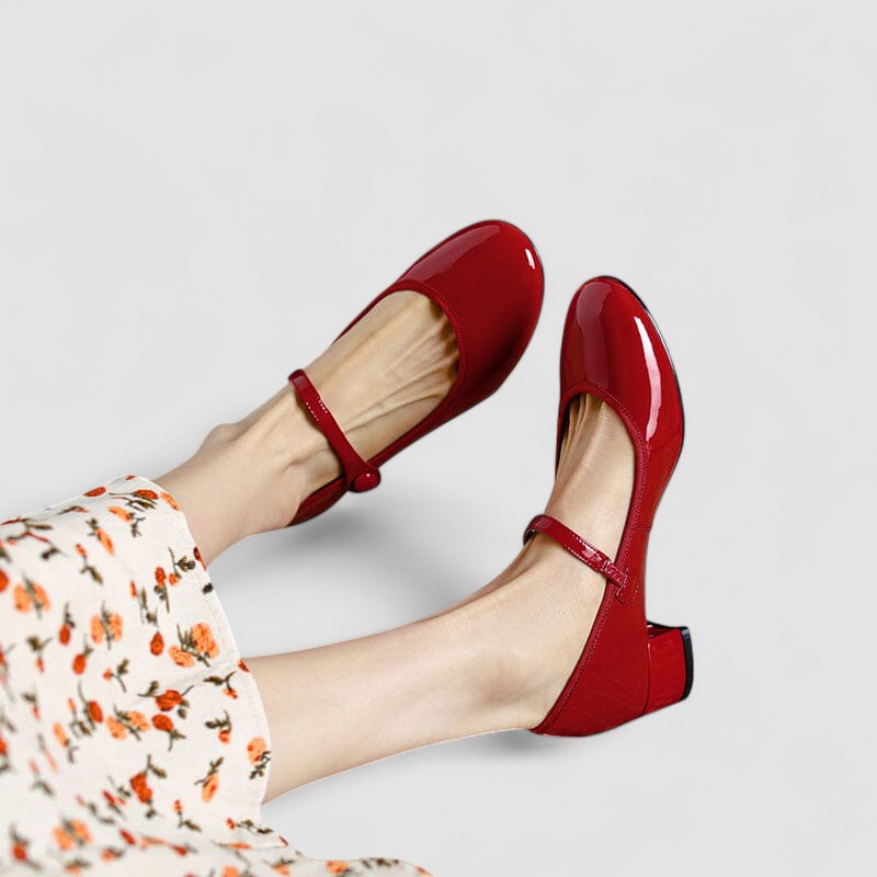 Elegant women's Mary Jane shoes with glossy finish, block heel. Perfect for work, dinner, or everyday style.