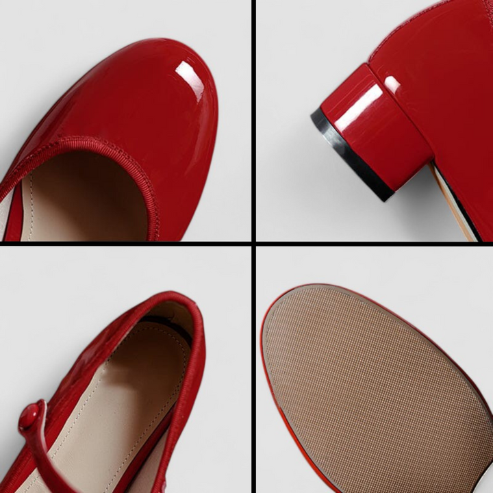 Round toe Mary Jane shoes for women, featuring a glossy finish and a comfortable, elegant block heel.