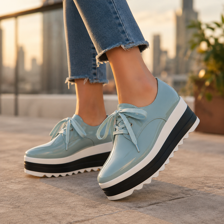 Women's glossy platform sneakers in white, lace-up design for all-day comfort & style.