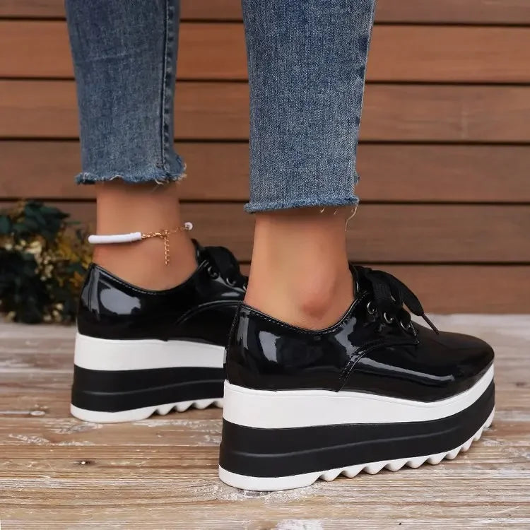 Orthopedic women's platform sneakers with glossy finish, ensuring all-day comfort, support & foot health.