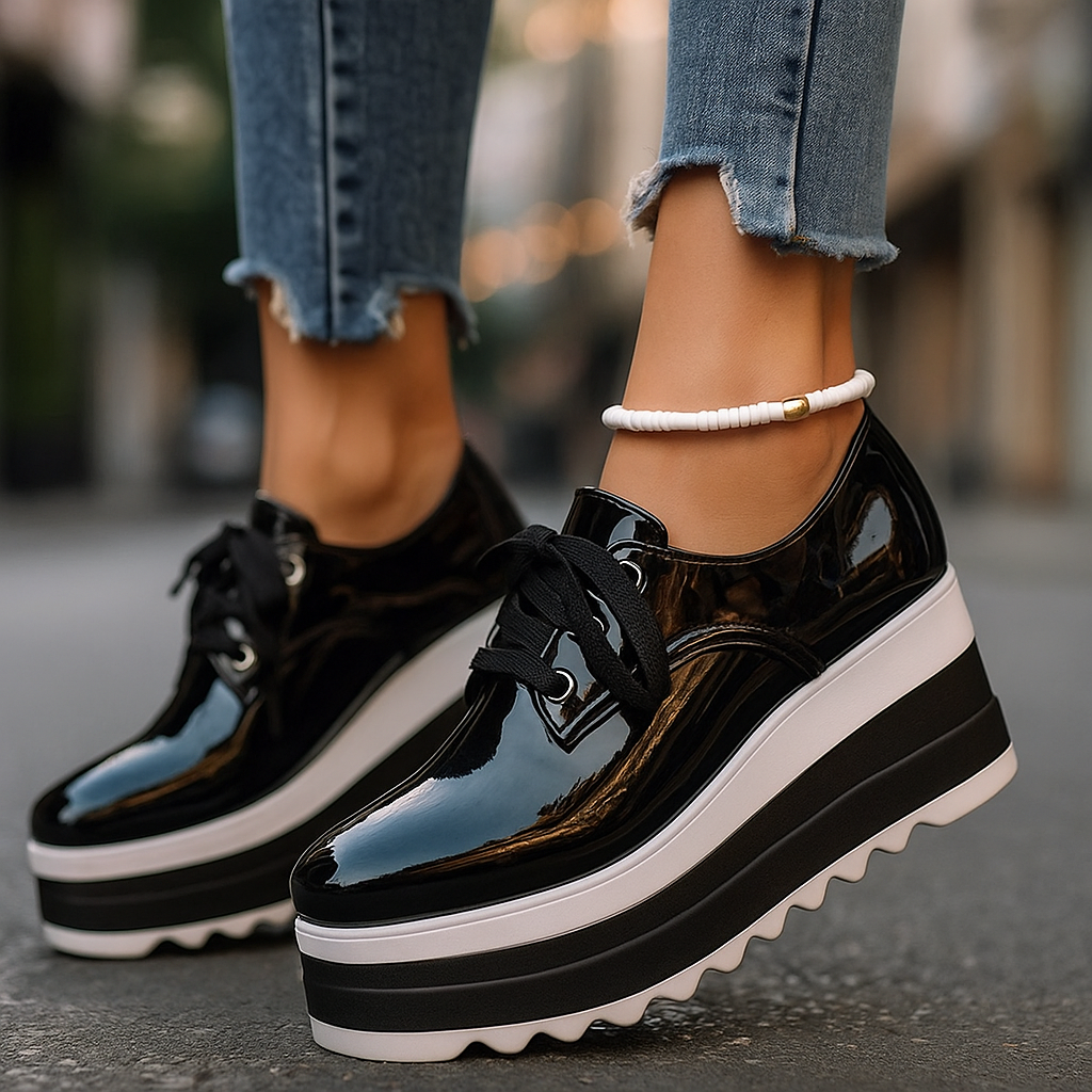 Stylish women's glossy platform sneakers, providing a fashion-forward look & ultimate comfort.