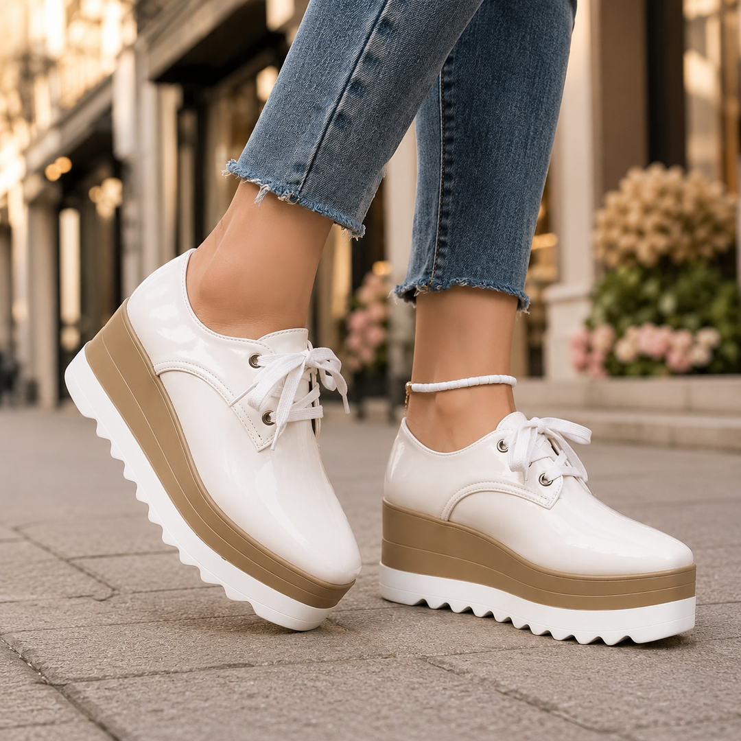 Orthopedic women's platform sneakers, designed for all-day comfort & support, with a glossy finish.