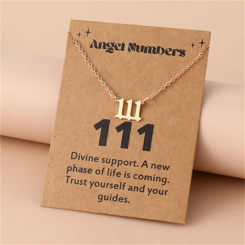 Women's gold stainless steel necklace, angel numbers charm, spiritual guidance.