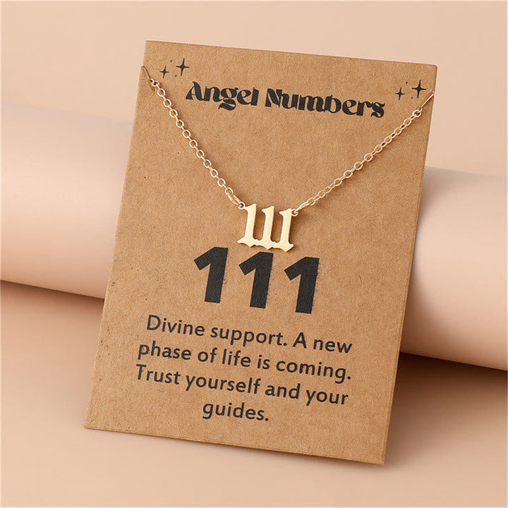 Women's gold stainless steel necklace, angel numbers charm, spiritual guidance.