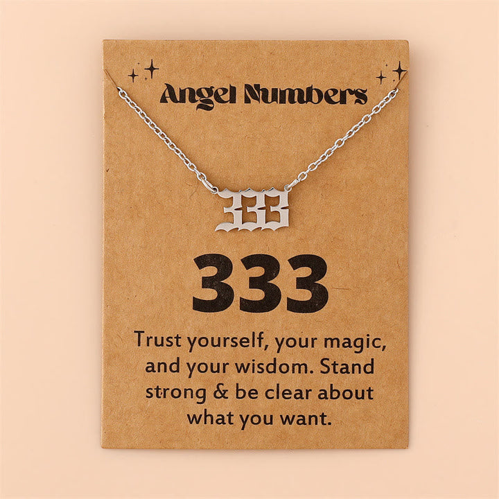 Stylish silver stainless steel angel numbers necklace, symbolic women's accessory.