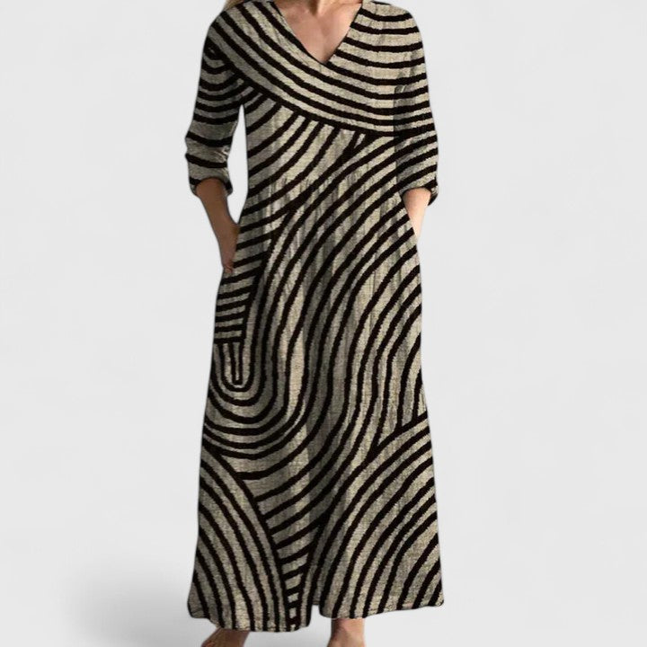 Women's gold black long sleeve everyday dress with a relaxed fit, perfect for comfortable, effortless all-day wear.
