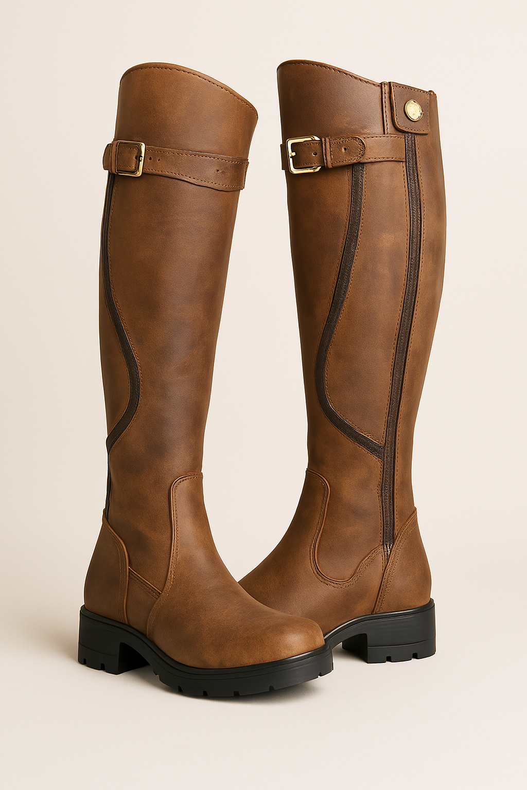 Women's gold buckle knee high riding boots with durable lug sole & block heel. Equestrian fall fashion footwear.