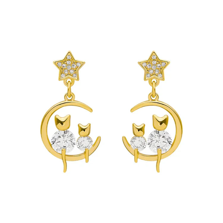 Women's gold cat ear stud earrings, sparkling with zirconia. Elegant feline jewelry, perfect gift for cat lovers.