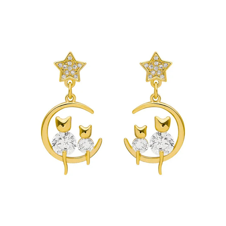 Women's gold cat ear stud earrings, sparkling with zirconia. Elegant feline jewelry, perfect gift for cat lovers.